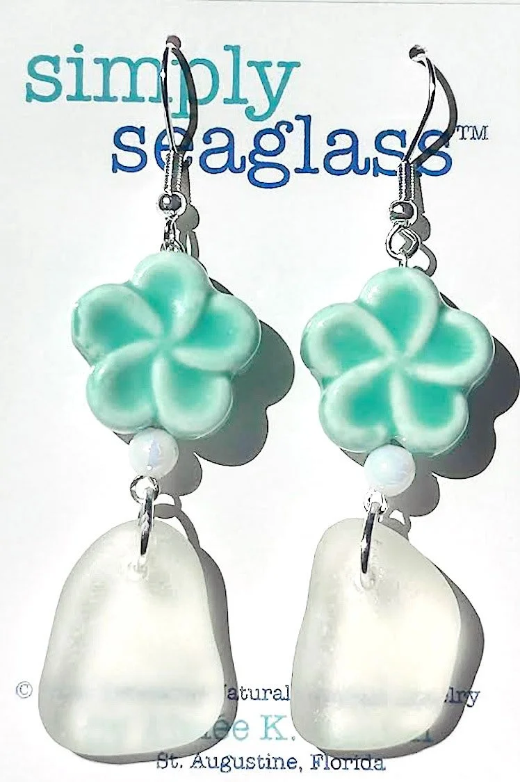 Seaglass Earrings - White Medium with Teal Flowers