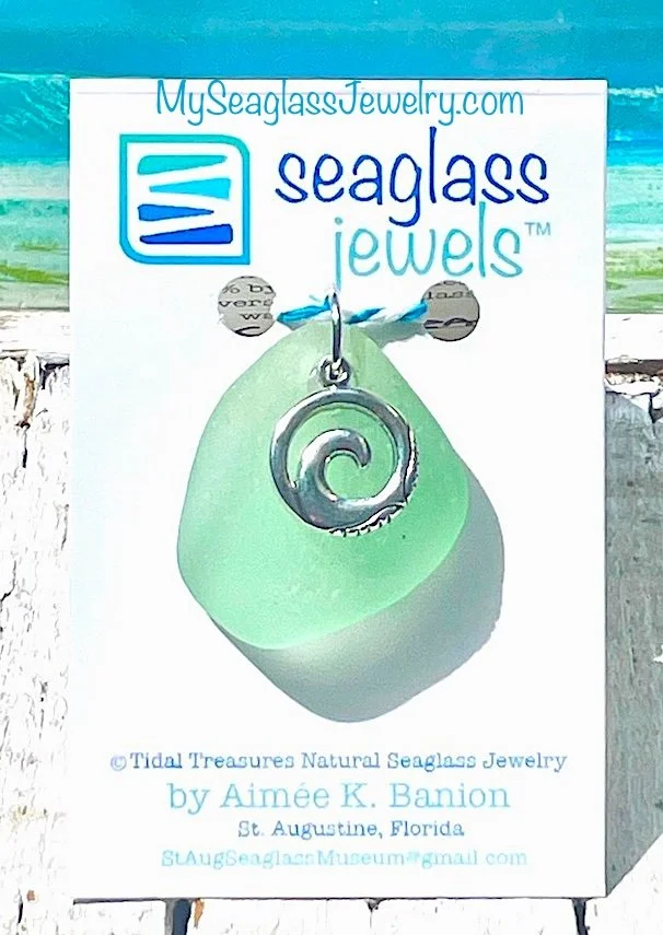 Seaglass Pendant with 18" Chain - Seafoam with Wave