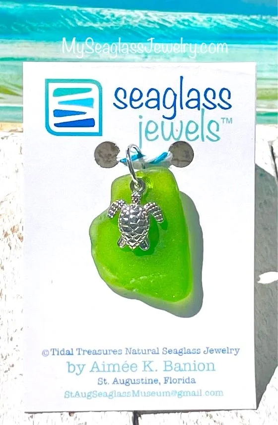 Seaglass Pendant with 18" Chain - Lime Green with Seaturtle