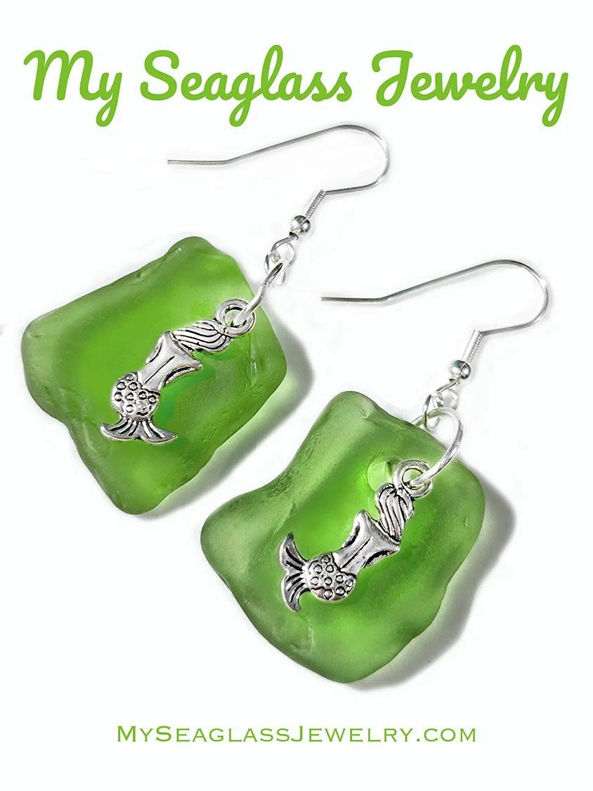 Seaglass Earrings - Kelly Green with Mermaids