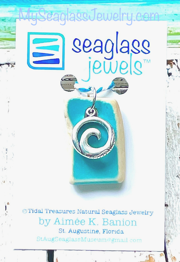 Sea Pottery Pendant with 18" Chain - Aqua with Wave
