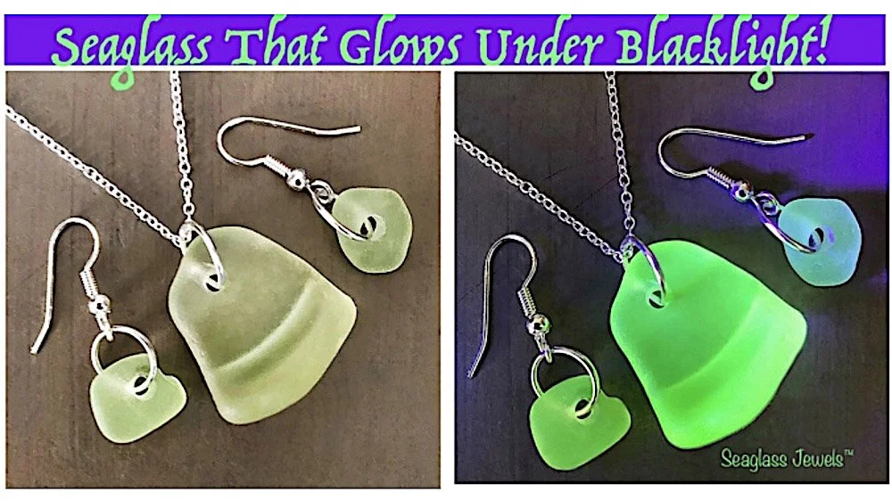 Photo of glow-in-the-dark seaglass jewelry set, including a necklace with a large seaglass pendant and matching earrings with smaller seaglass pieces, shown under normal light and blacklight, with a purple banner at the top reading "Seaglass That Glo