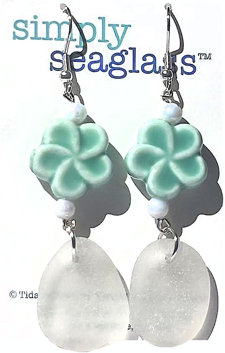 Seaglass Earrings - White with Teal Flowers 2