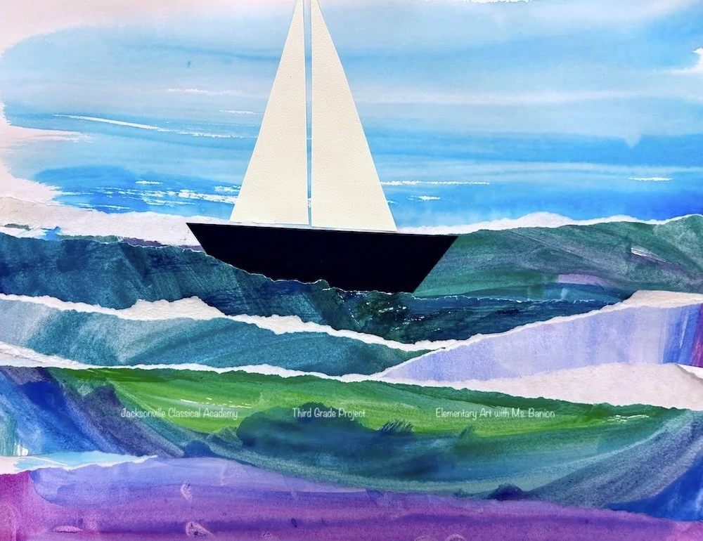 A painted collage of a sailboat on ocean waves with a blue sky background, created by third-grade students at Jacksonville Classical Academy, titled 'Elementary Art with Ms. Banion.'