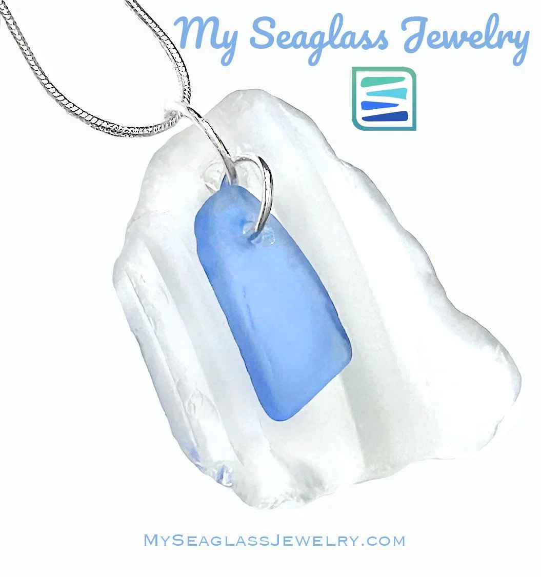 Seaglass Pendant - Cornflower On White Ridged with 18" Silver Chain