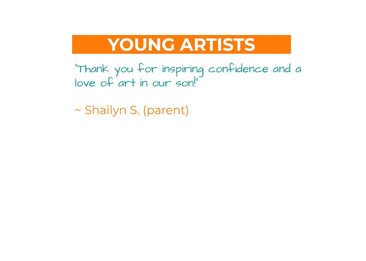 Thank you note praising Ms. Aimee Banion for inspiring young artists, with quote from parent Shailyn S.
