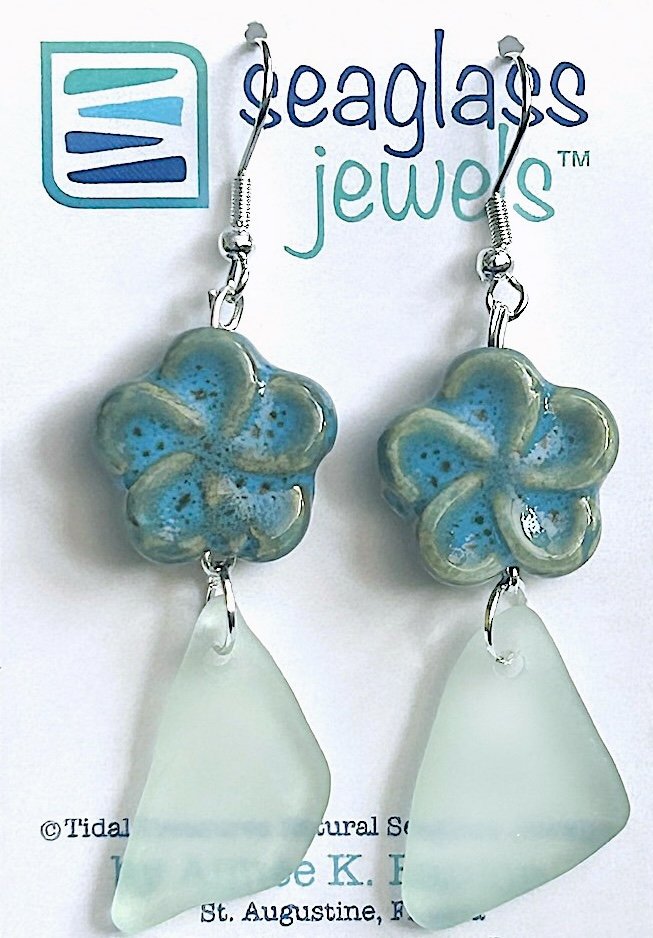 Seaglass Earrings - Seafoam with Ceramic Flowers