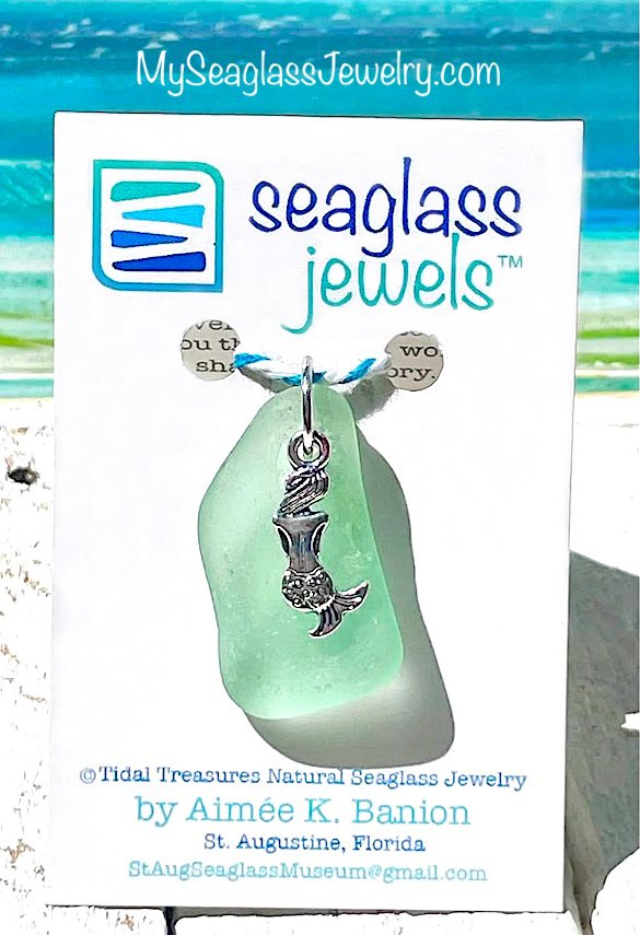 Seaglass Pendant With 18" Chain - Seafoam Green with Mermaid