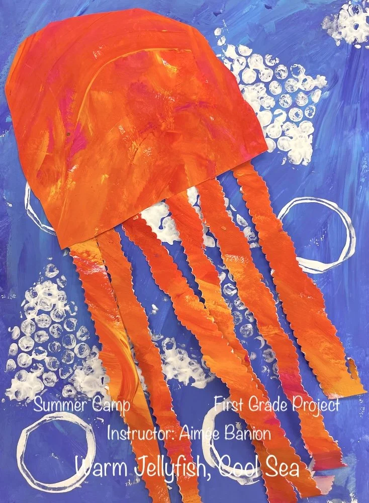 Colorful paper craft of a jellyfish with orange, red, and pink paper tentacles on a blue background with white bubbles and circles, titled "Warm Jellyfish, Cool Sea," created by first-grade students during a summer camp art project.