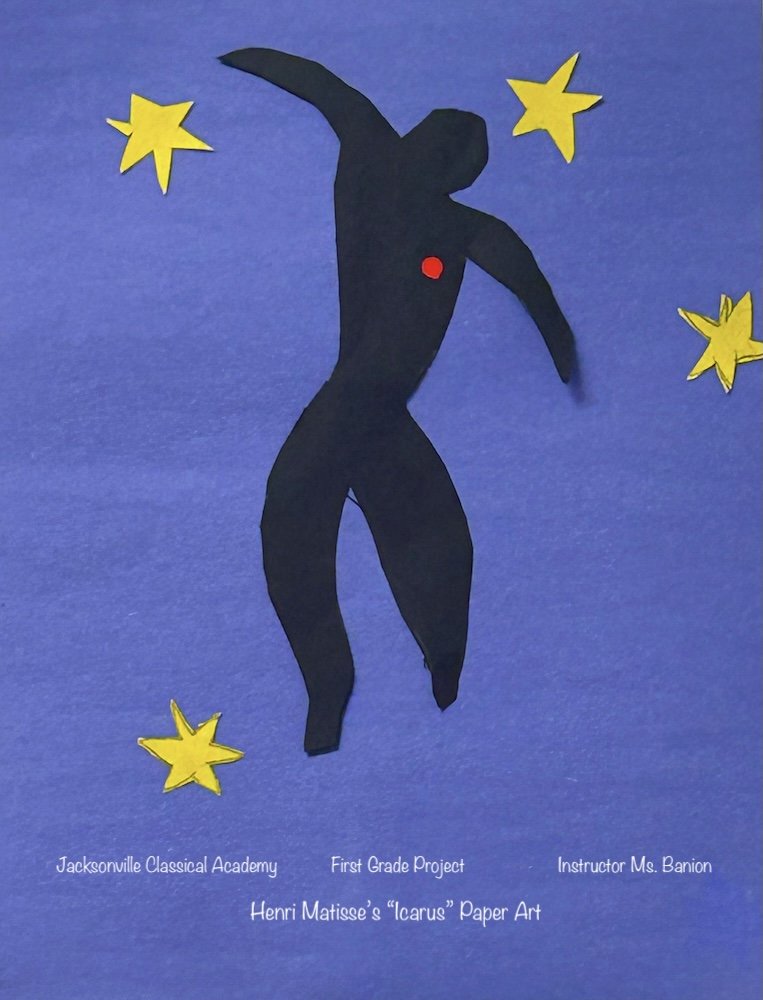 Paper art of a silhouetted Icarus figure flying against a blue sky with yellow stars, created by first grade students at Jacksonville Classical Academy.
