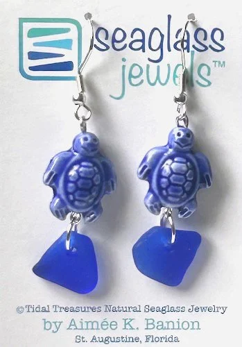 Seaglass Earrings - Seaturtles & Cobalt Blue
