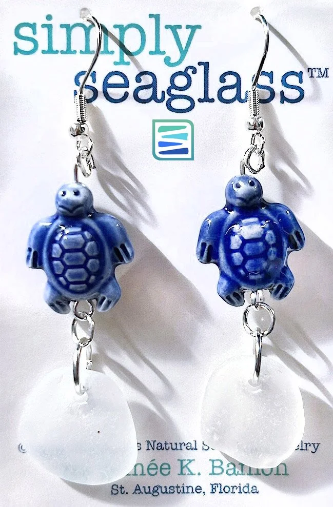 Seaglass Earrings - White with Blue Seaturtles