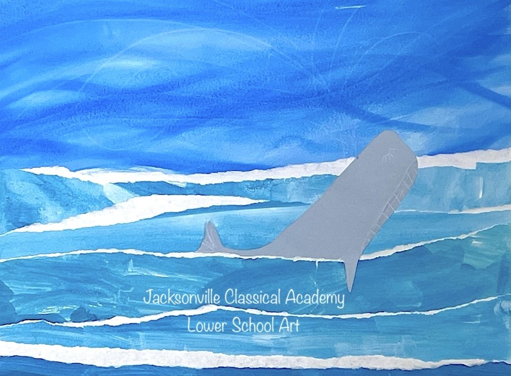 Artwork for Jacksonville Classical Academy Lower School Art featuring a whale swimming in a stylized ocean with layered blue waves.
