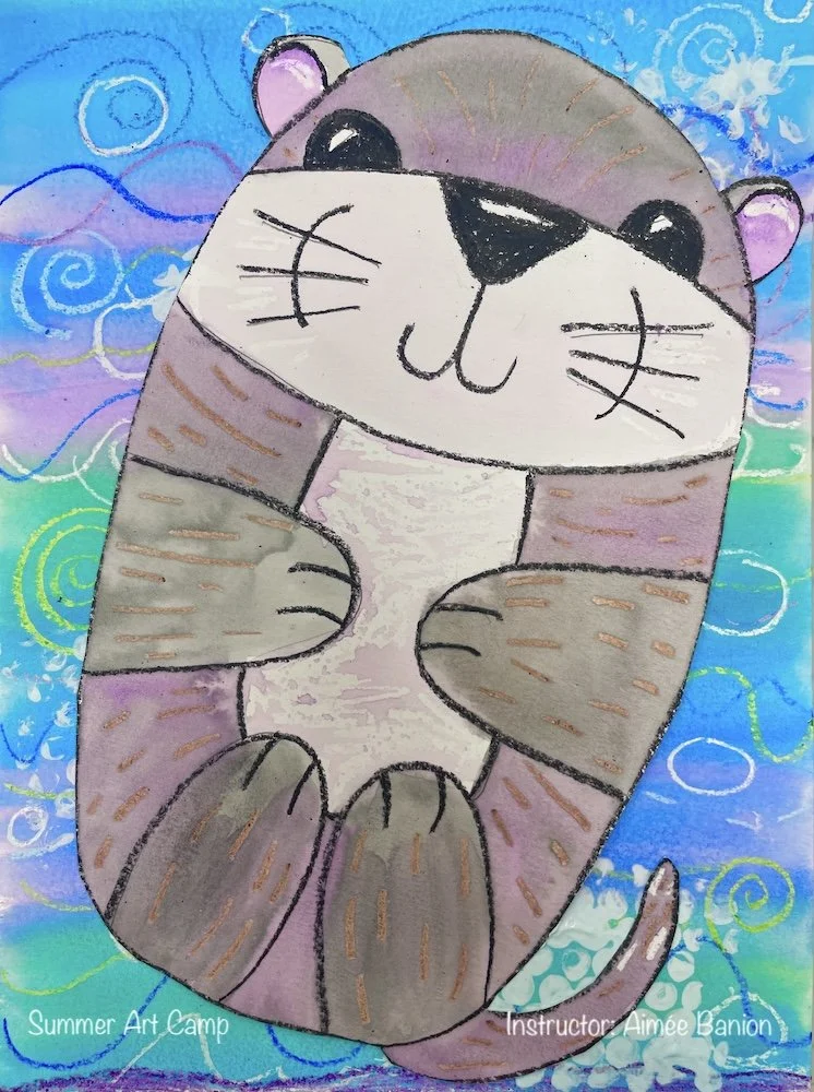 Colorful drawing of a otter with a big smile, drawn with markers or crayons, with a blue abstract background featuring swirls and circles. Text at the bottom reads "Summer Art Camp" and "Instructor: Aimée Banion."
