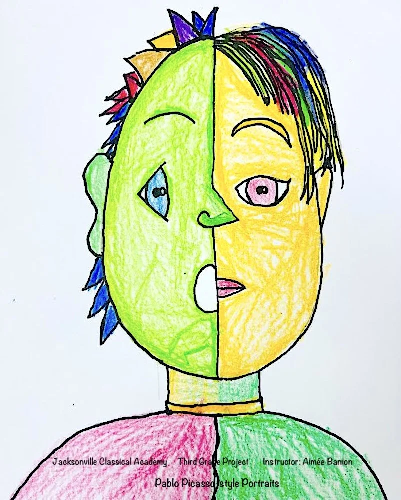 A colorful drawing of a face divided into two halves with different facial features and hair styles, created by a third-grade student. The left side is green with spiky blue and red hair, an eye, and a nose. The right side is yellow with straight bla