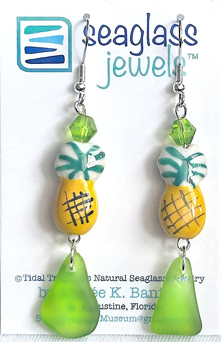 Seaglass Earrings - Pineapples on Lime Green