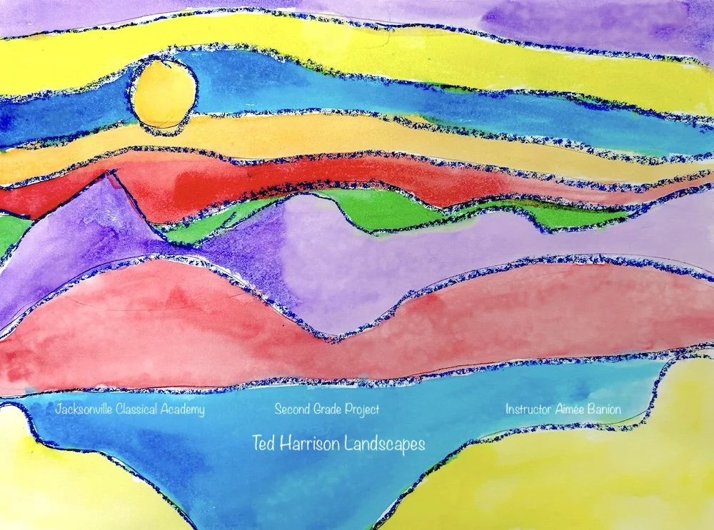 Colorful drawing of a landscape with mountains, a river, a sun, and rolling hills, created by second grade students at Jacksonville Classical Academy.