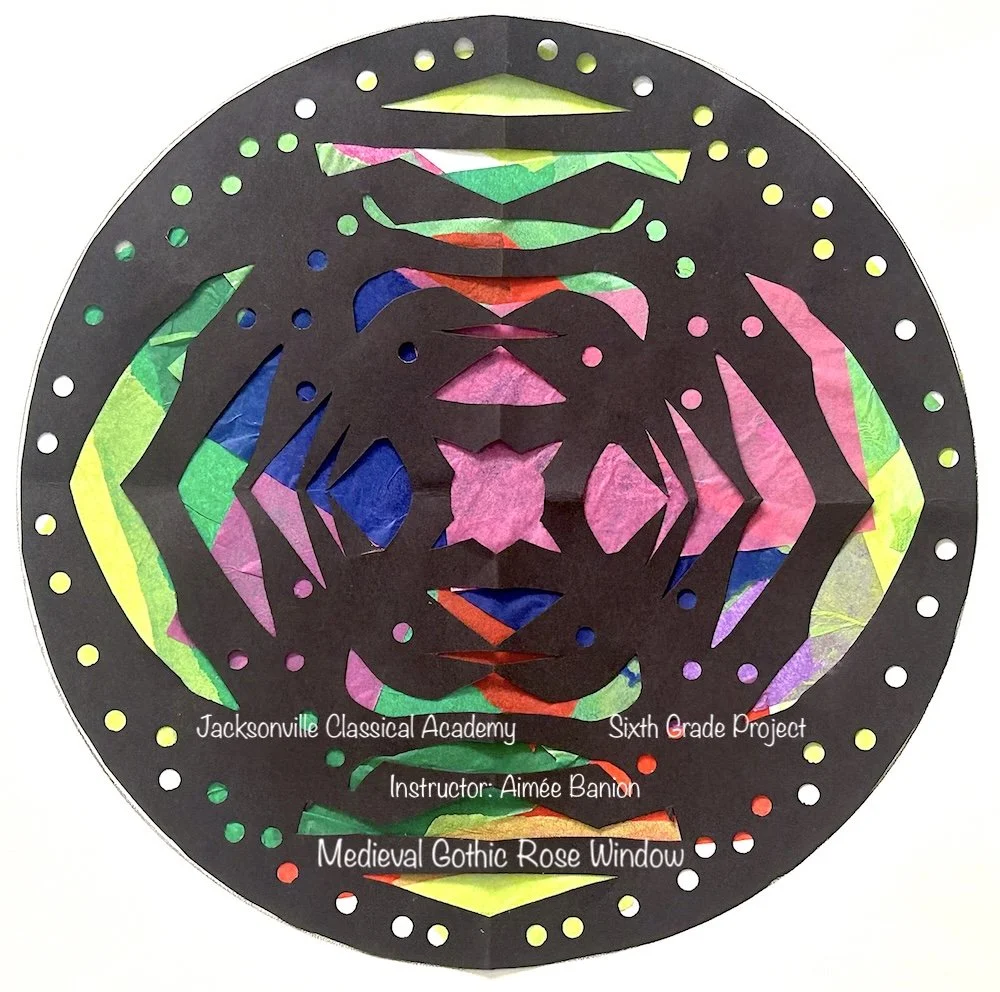 Colorful paper cutout art resembling a Gothic window design with text about Jacksonville Classical Academy and a sixth grade project, instructor; Aimée Banion.