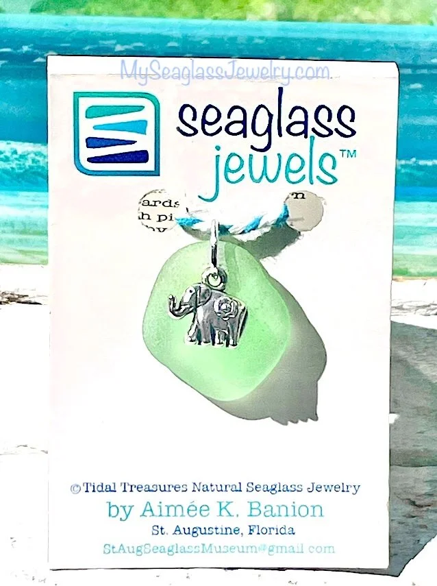 Seaglass Pendant with 18" Chain - Seafoam with Elephant