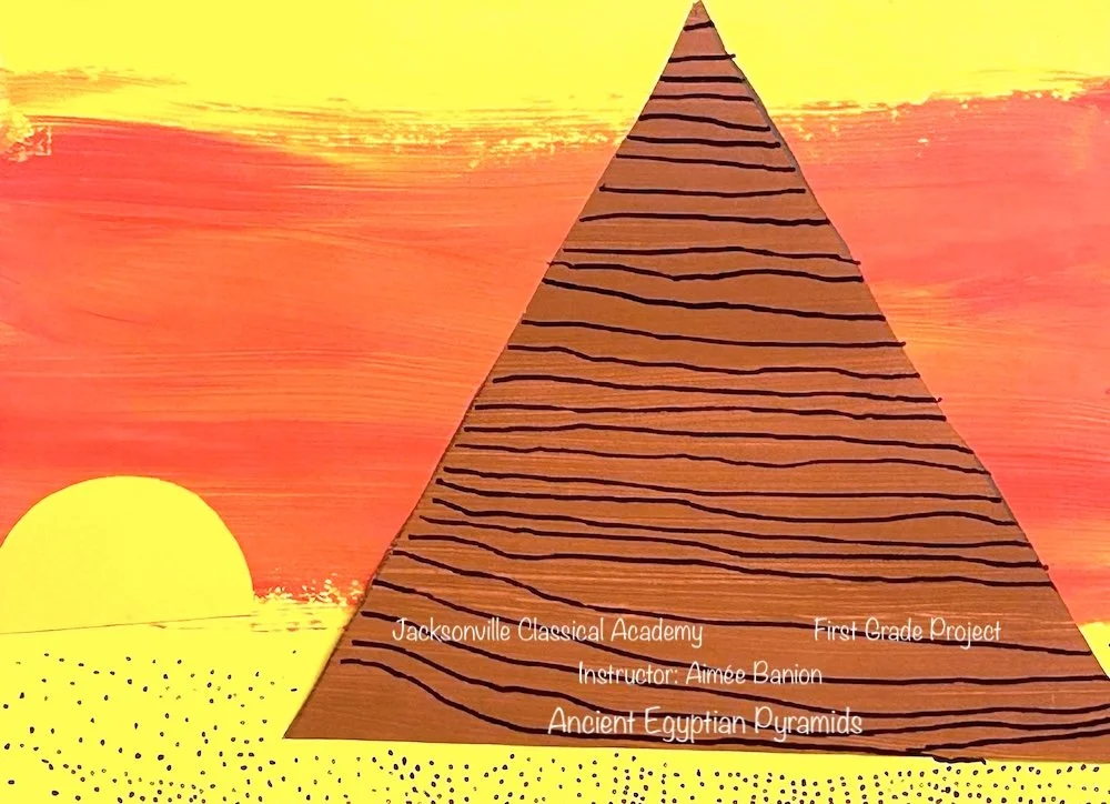 Artwork depicting an ancient Egyptian pyramid with sunset background and yellow, orange, and red sky.