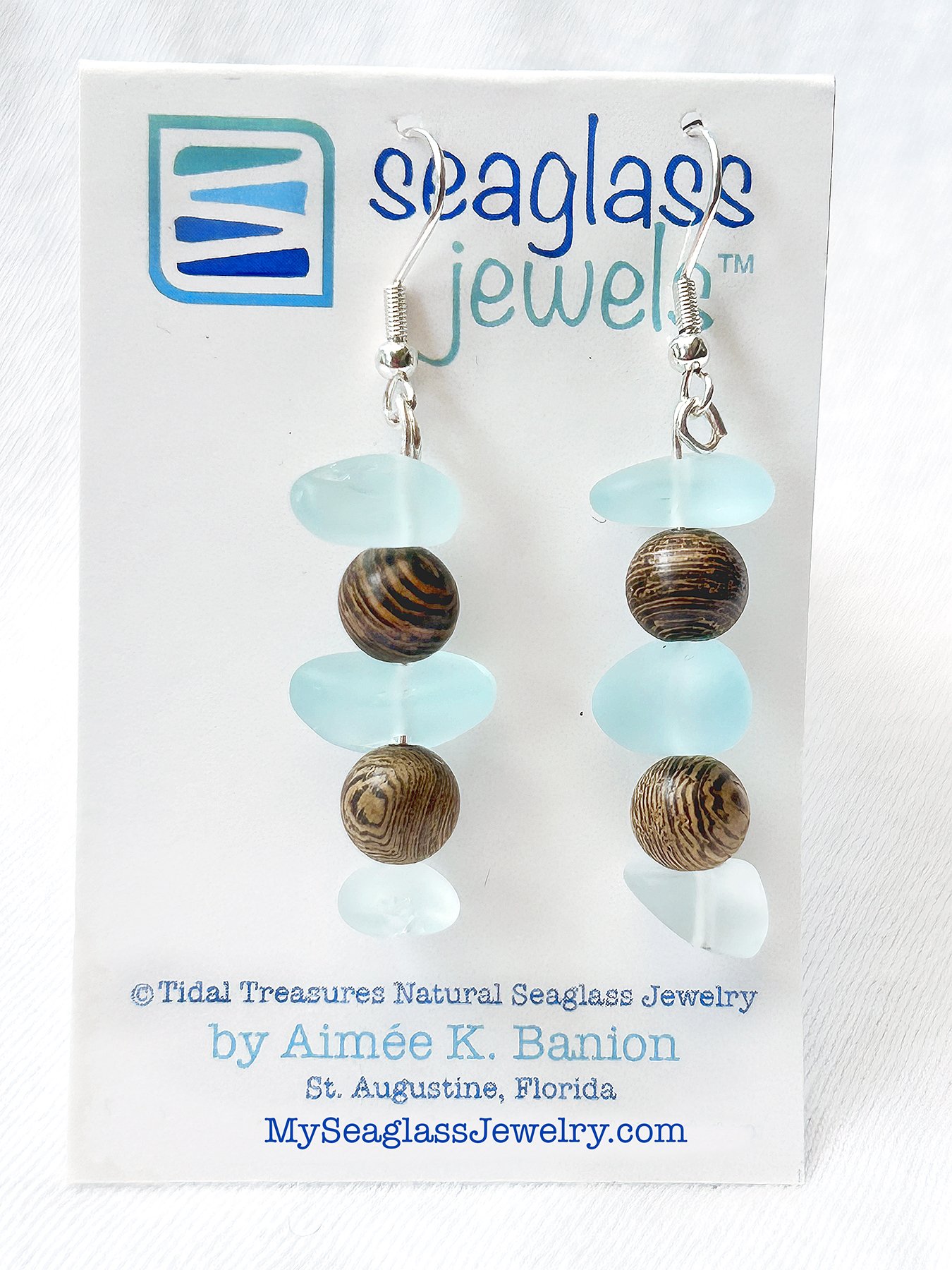 Seaglass Earrings - Stacked Pale Aqua with Cedar Rounds 2