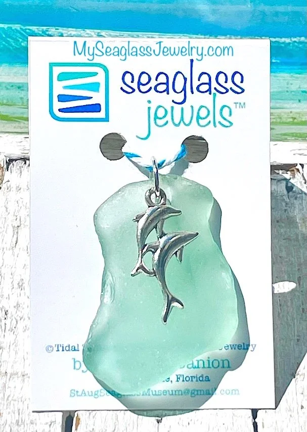 Seaglass Pendant with 18" Chain - Seafoam with Dolphins