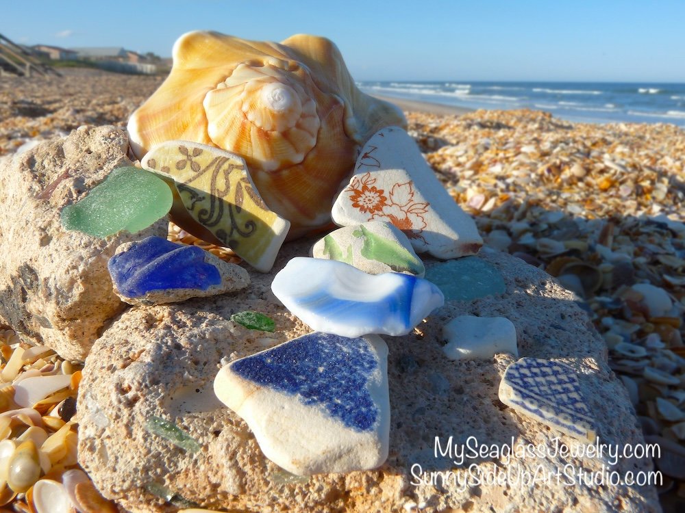 Sea shells and sea pottery pieces on a beach with ocean and sky in the background.