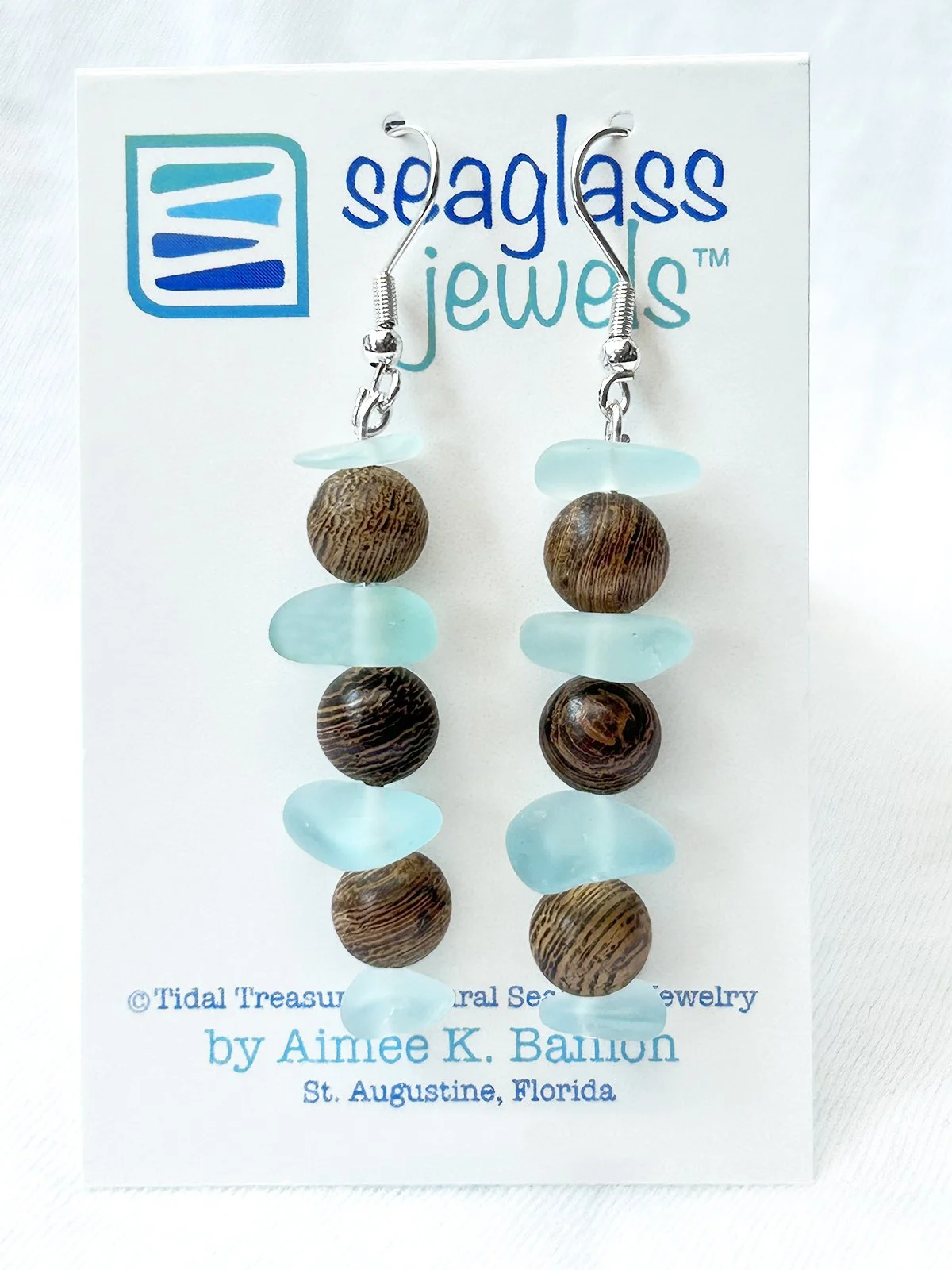Seaglass Earrings - Pale Aqua Stacks with Cedar Rounds