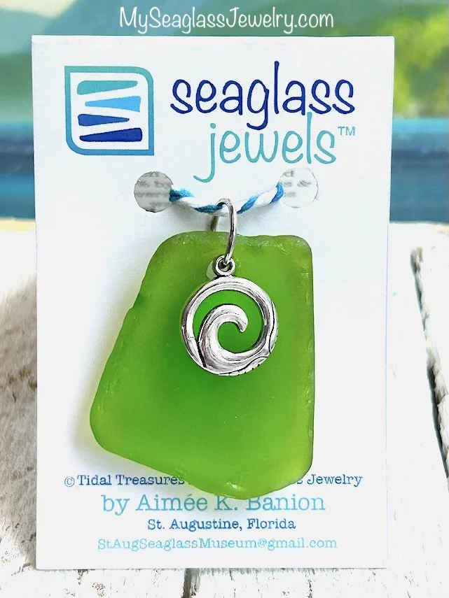 Seaglass Pendant with 18" Chain - Lime Green with Wave