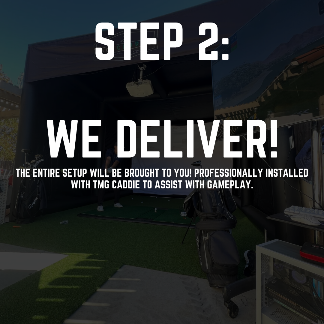 A setup for golf simulation with a large screen, golf clubs, and a putting green. The image includes text announcing delivery of the setup with professional installation to assist with gameplay.