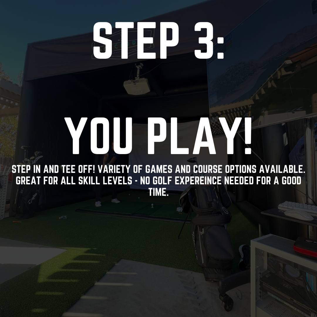 Advertising for a golfing simulation game venue, showing a covered area with golf equipment, a golf simulator screen, and text promoting playing golf with various game options.