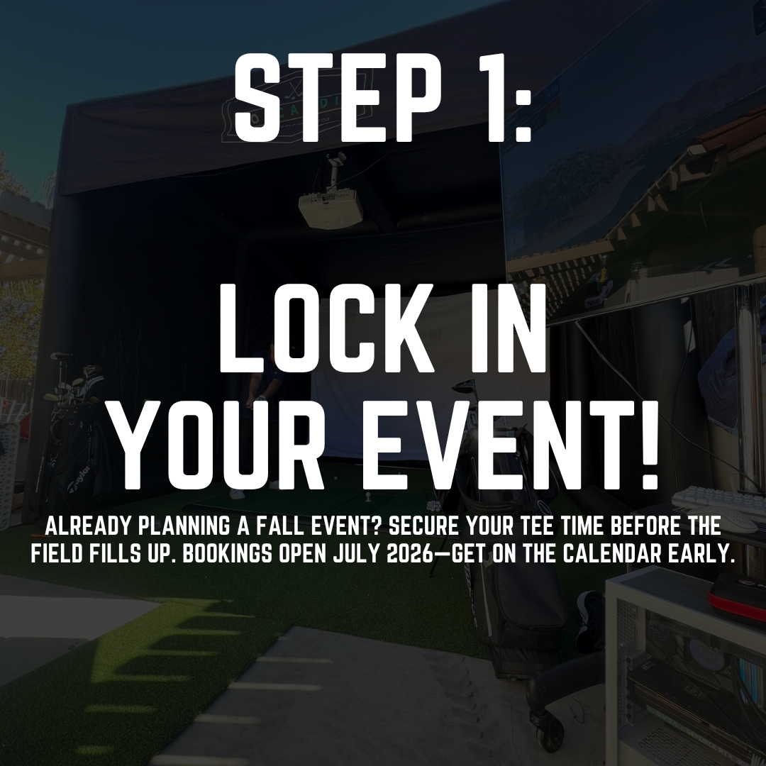 Promotional graphic with the text ‘Step 1: Lock in your event!’ over a background of a golf or event tent, with golf clubs and equipment visible in the scene.