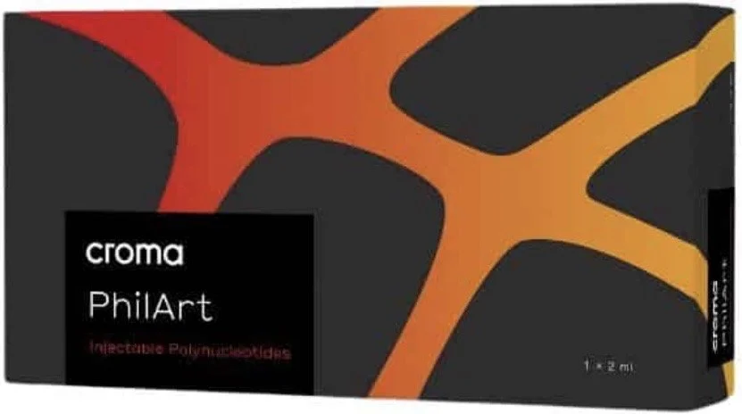Box of Croma PhilArt infectious polyunastes with abstract orange, red, and black design.