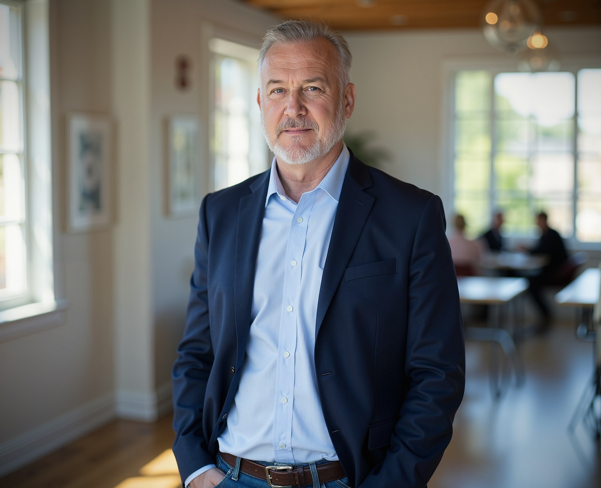 An older man with gray hair and a beard wearing a navy blazer and light blue shirt in a bright, modern room with large windows, wooden ceiling, and blurred background of people sitting at tables.