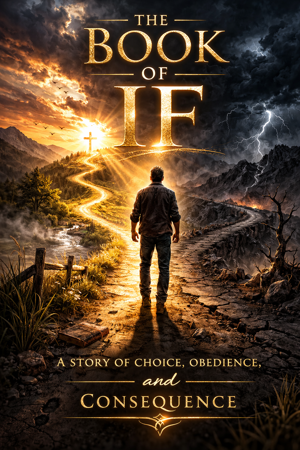 A man walking on a winding stone path towards a large glowing cross in a dramatic landscape with dark stormy skies and lightning, with text reading 'The Book of Lf' and 'A story of choice, obedience, and consequence'.
