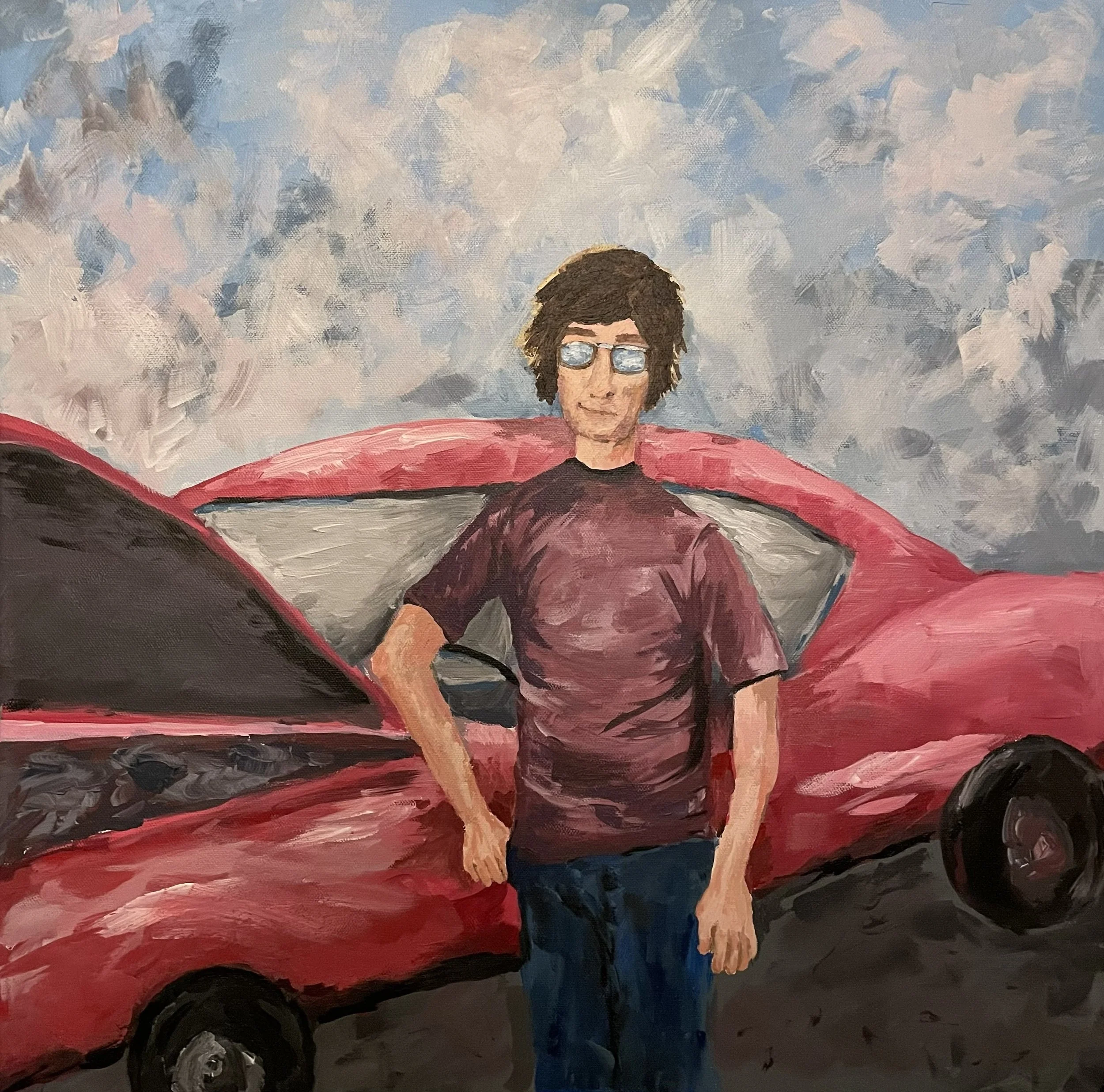 Painting of a person with medium-length brown hair, wearing sunglasses, a black shirt, and a maroon jacket, sitting inside a red vehicle against a cloudy blue sky, painted by artist, Karen Serago.