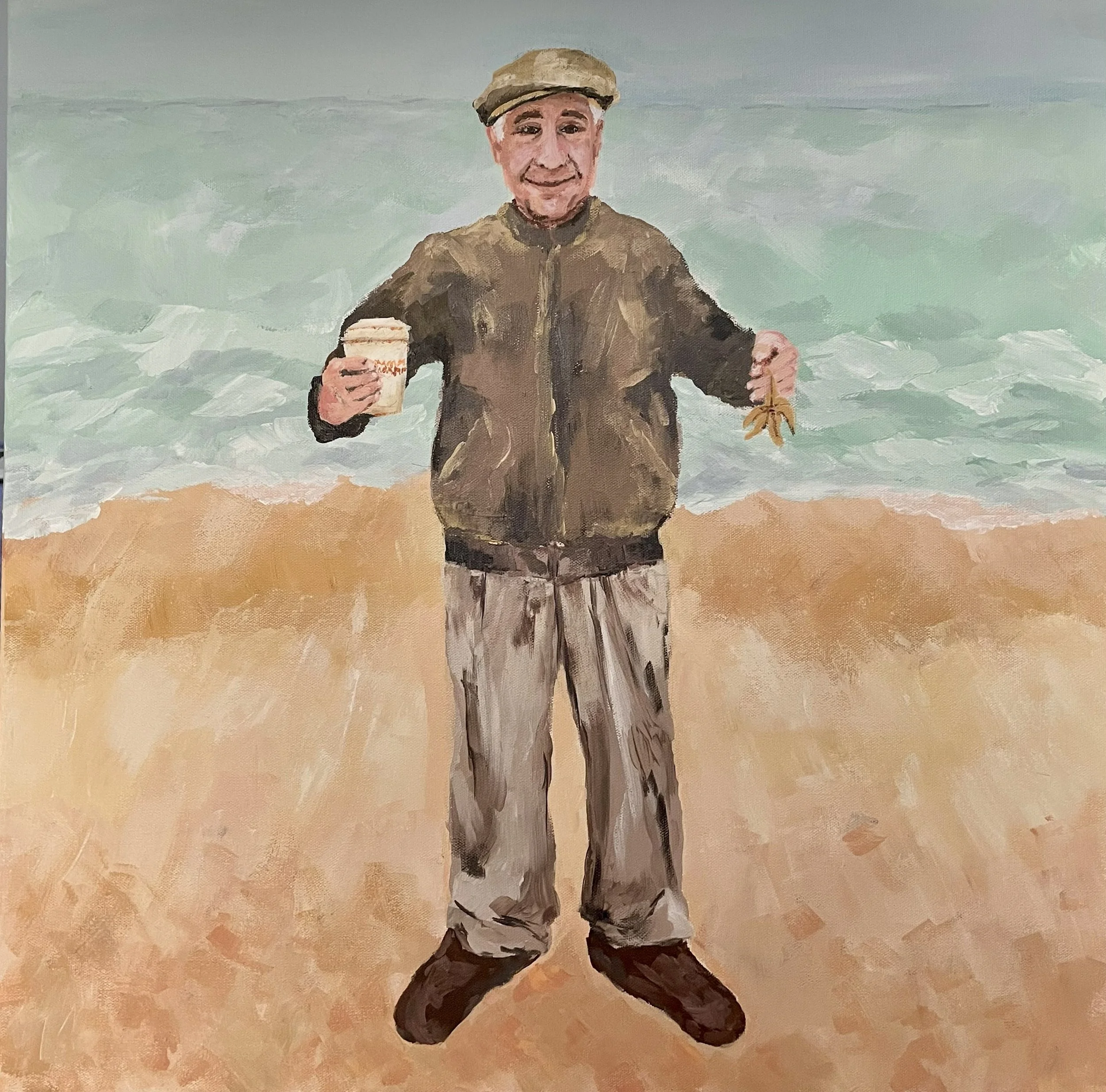 A painting of a man standing on a beach, smiling, wearing a tan cap, brown jacket, gray pants, holding a cup in his left hand and a seaweed in his right hand, painted by artist, Karen Serago.