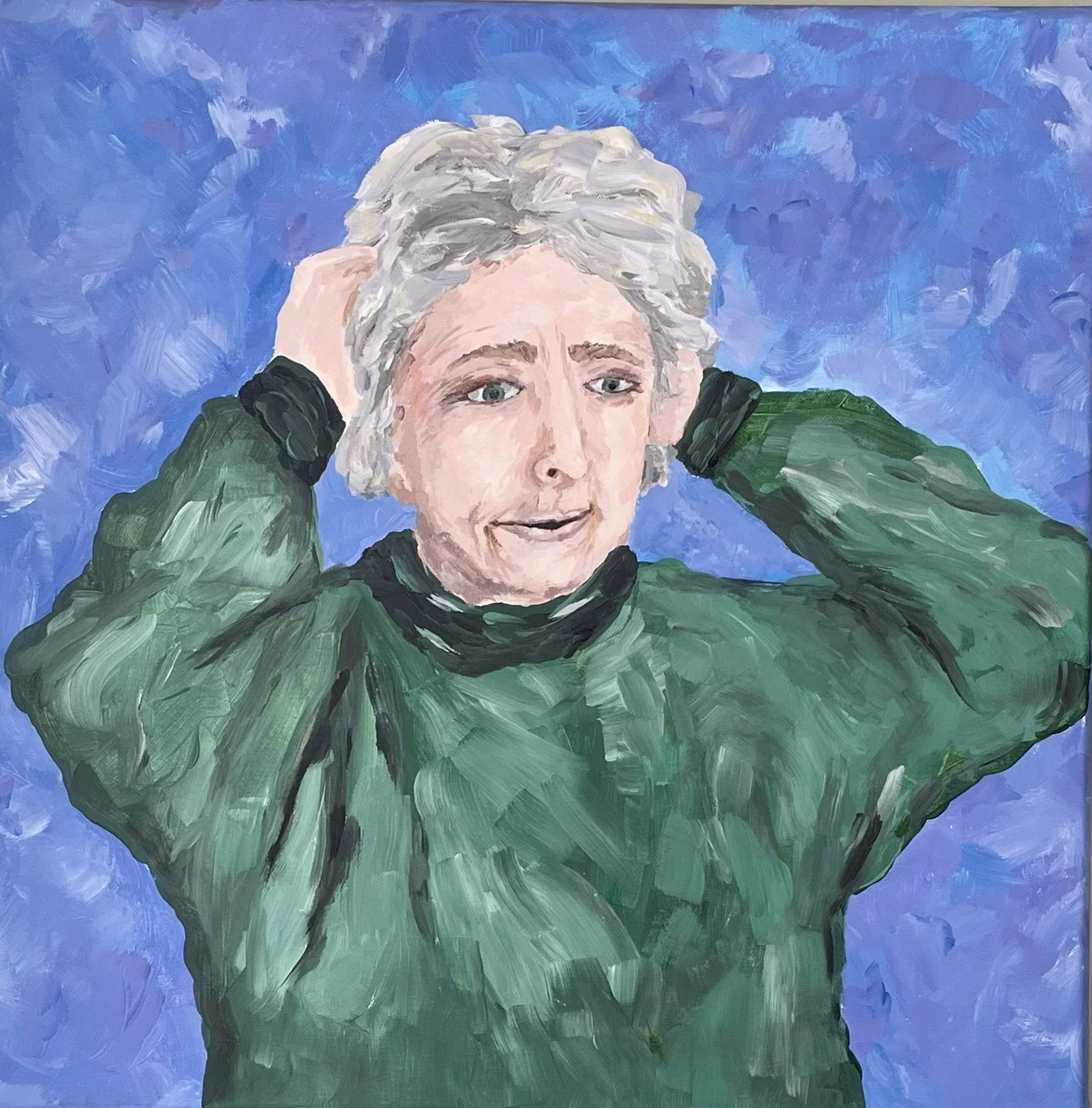 Painting of a woman with gray hair, wearing a green sweater, holding her head with both hands, against a blue brushstroke background, painted by artist, Karen Serago.