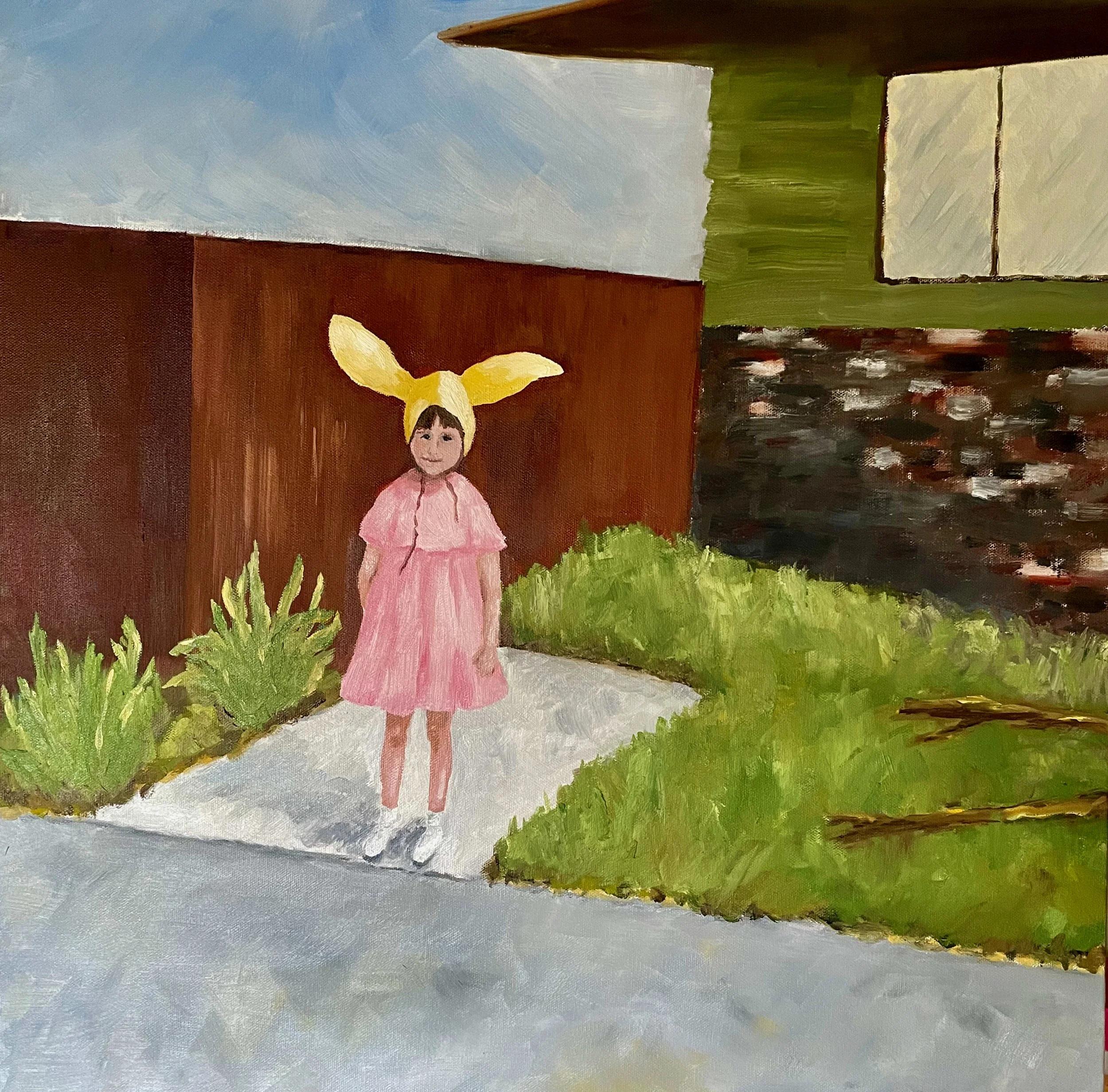 A child with yellow hat and pink dress standing outside of a house surrounded by grass with a blue sky background painted by artist Karen Serago.