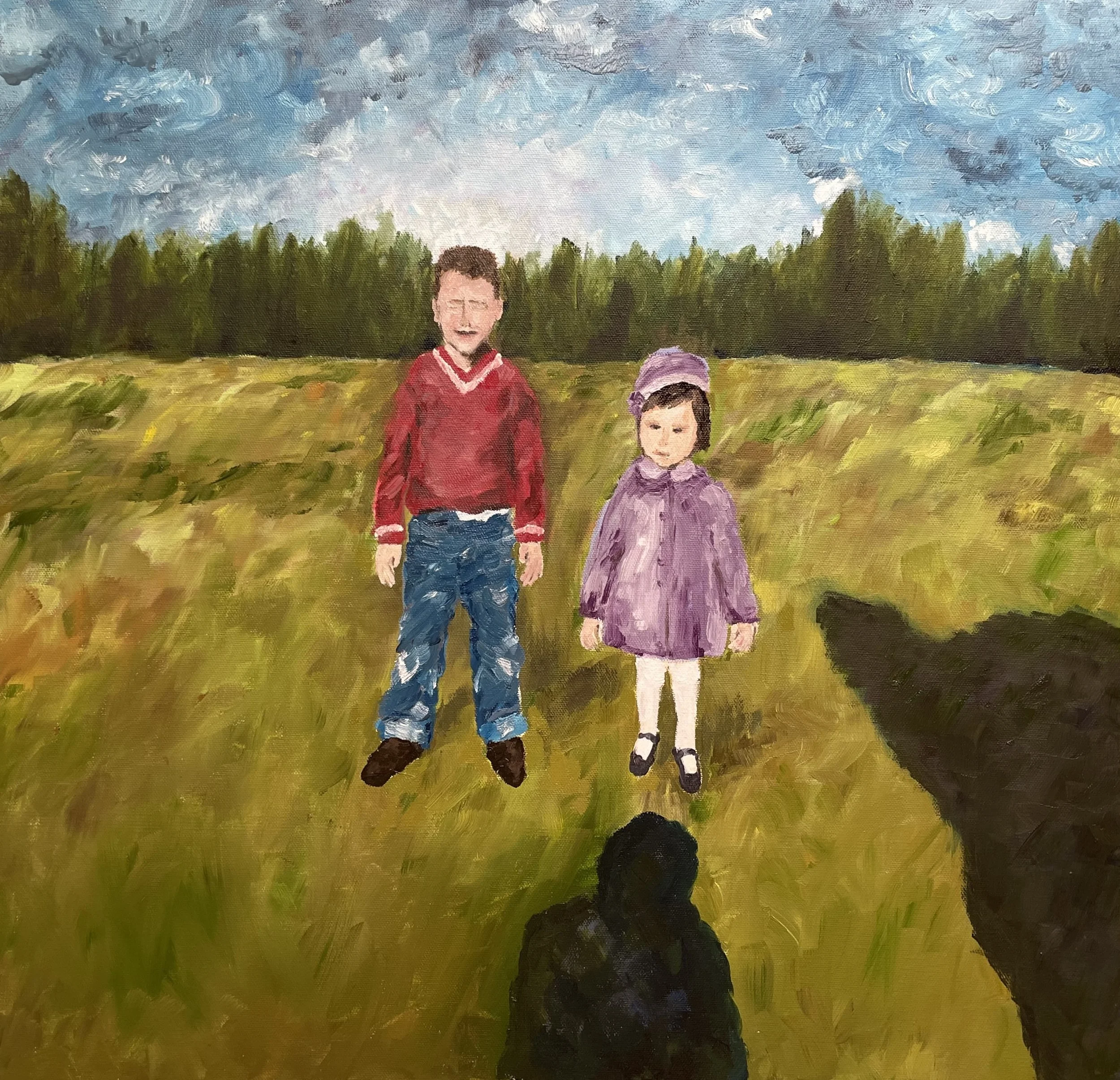 A painting of two children standing outdoors in a field, with a blue sky and green trees in the background by Karen Serago.