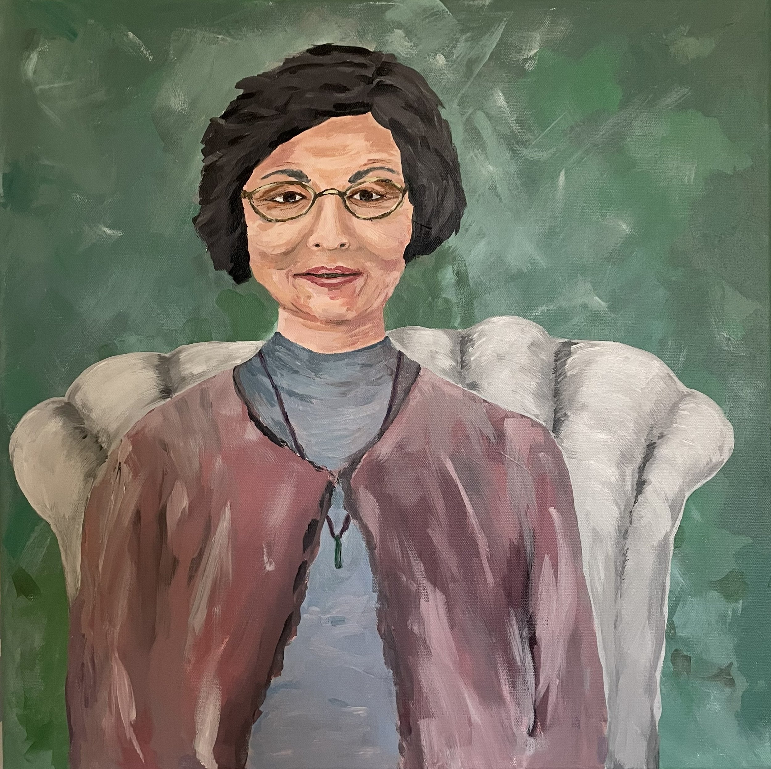 Painting of a woman with glasses, short dark hair, wearing a pink and gray shirt, set against a green background, painted by artist, Karen Serago.