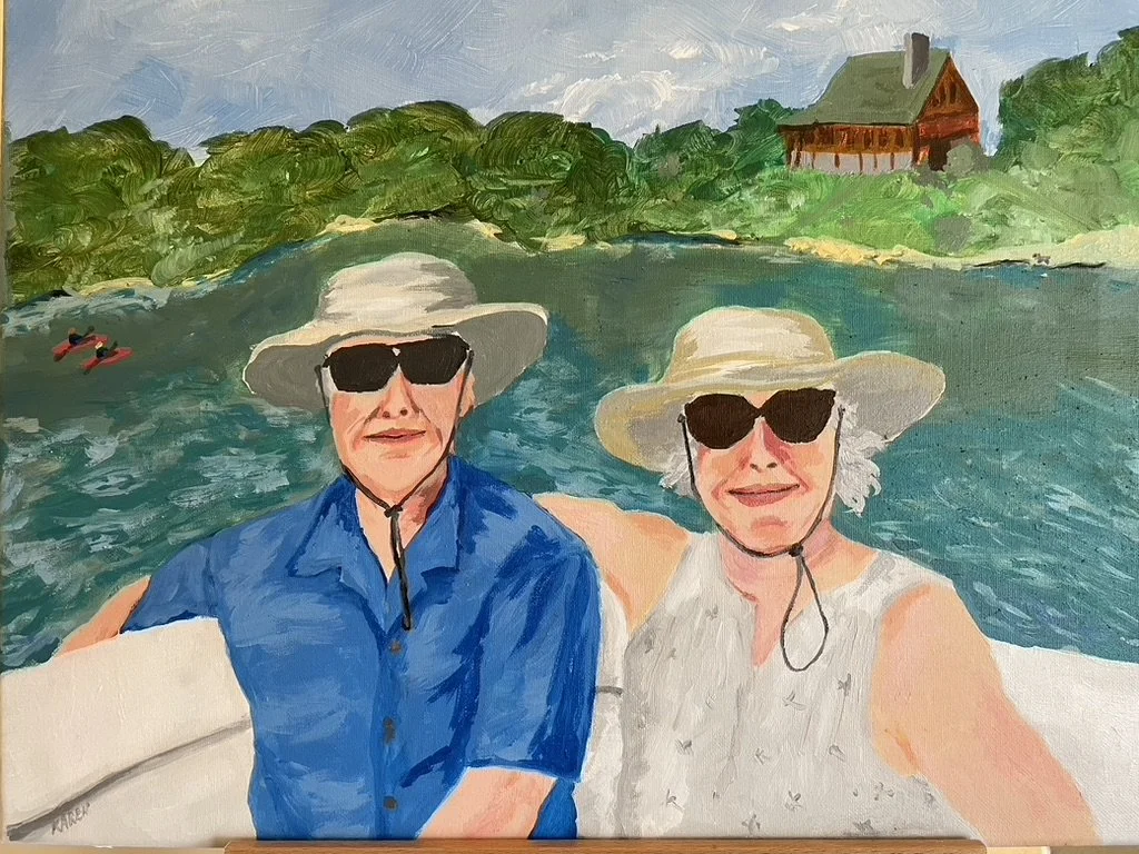An elderly man and woman are sitting on a boat, wearing wide-brimmed hats and sunglasses, with a lake and lush greenery in the background, painted by artist, Karen Serago.