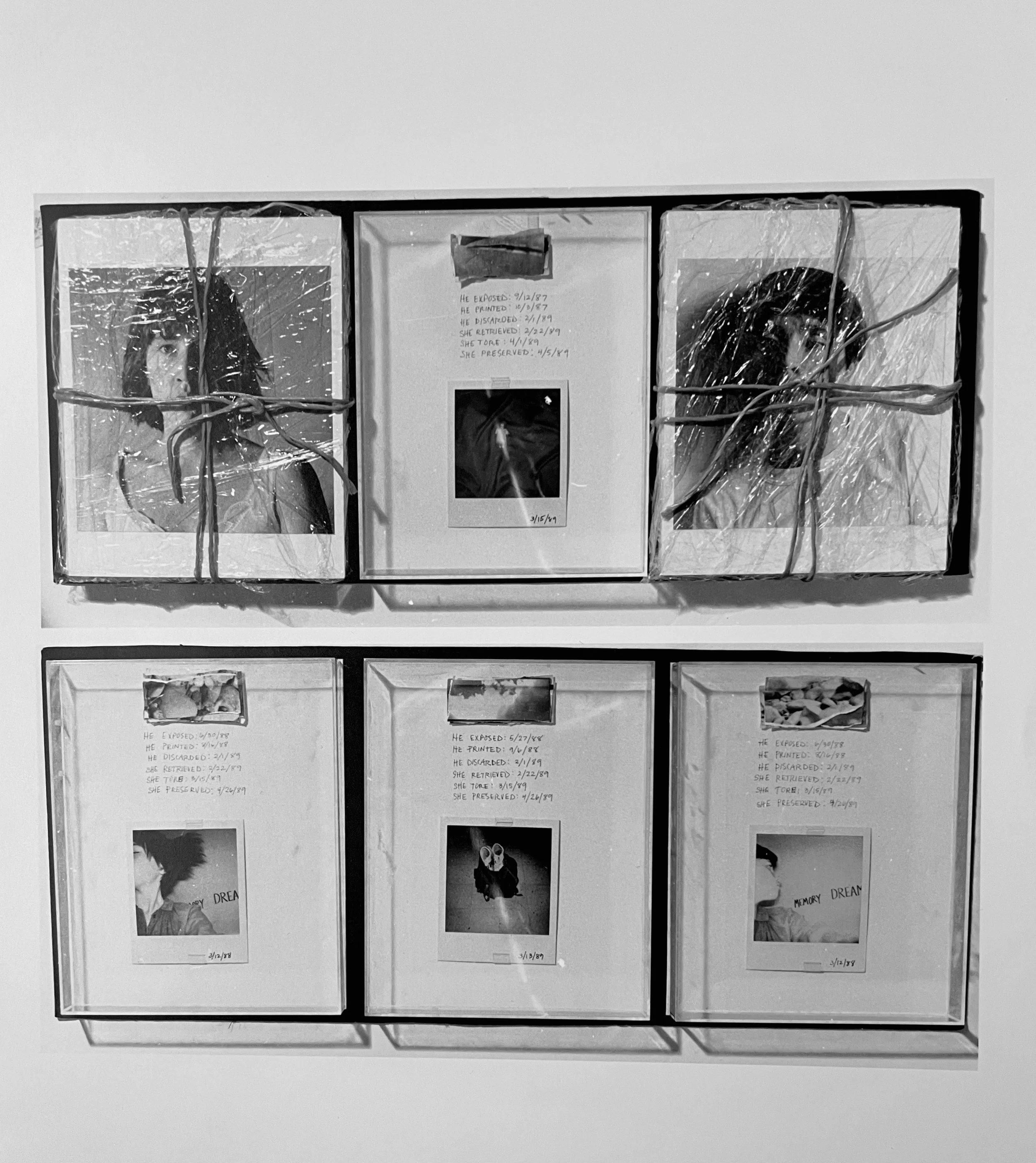 Black and white display of photographs with handwritten notes, showing a woman with dark hair, some printed images, and people in various poses, by artist, Karen Serago.