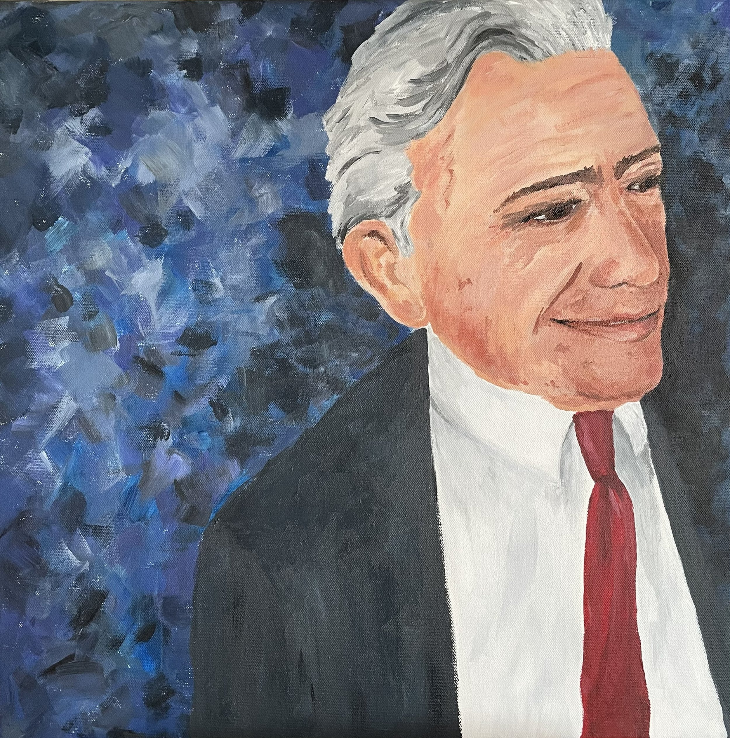 A painted portrait of a smiling elderly man with short gray hair, wearing a white collar and a red bow tie, set against a background resembling the French flag with blue, white, and red sections, painted by artist, Karen Serago.