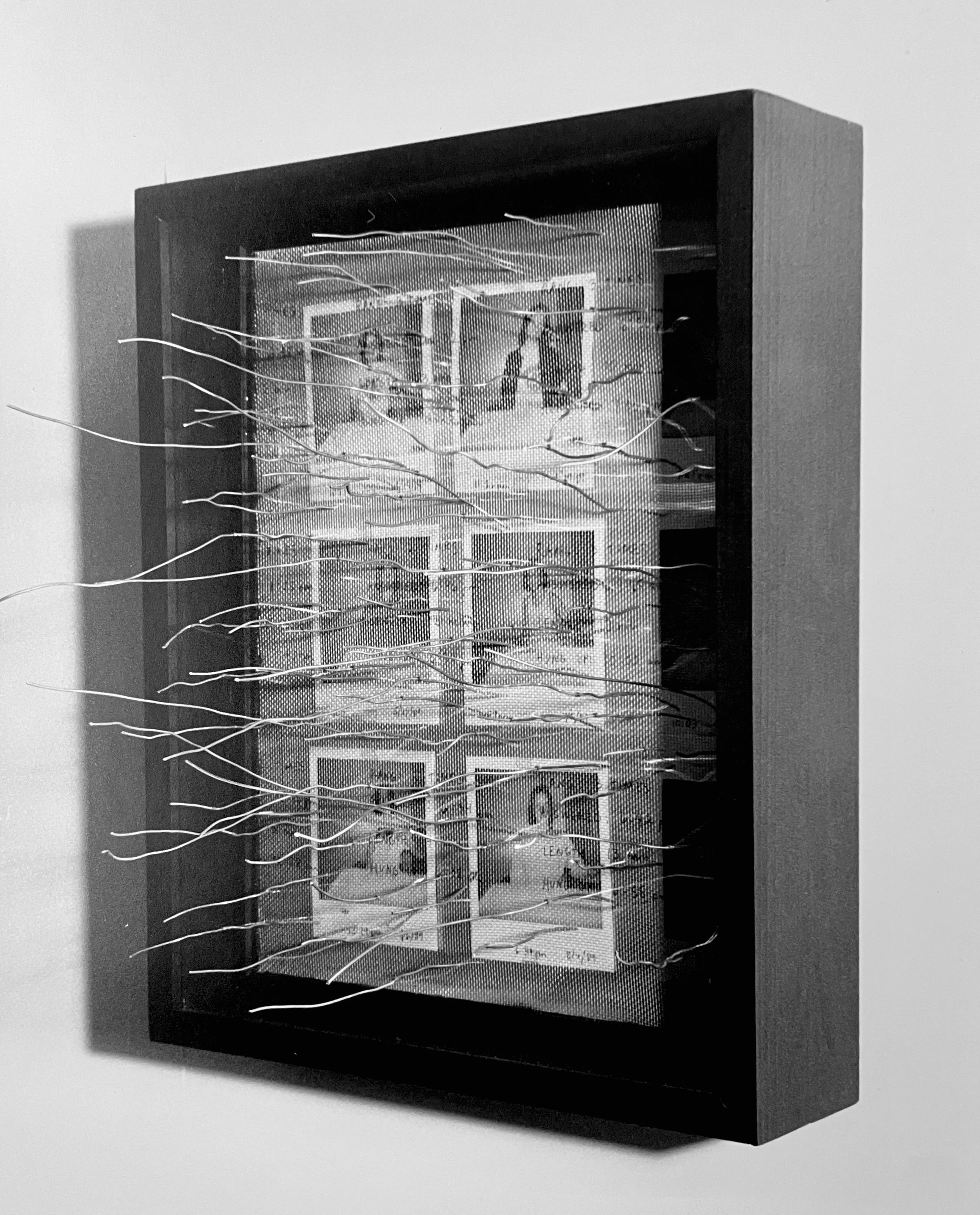 Black display case with a mesh front, containing a parcel with 18 wires sticking out, by artist, Karen Serago.
