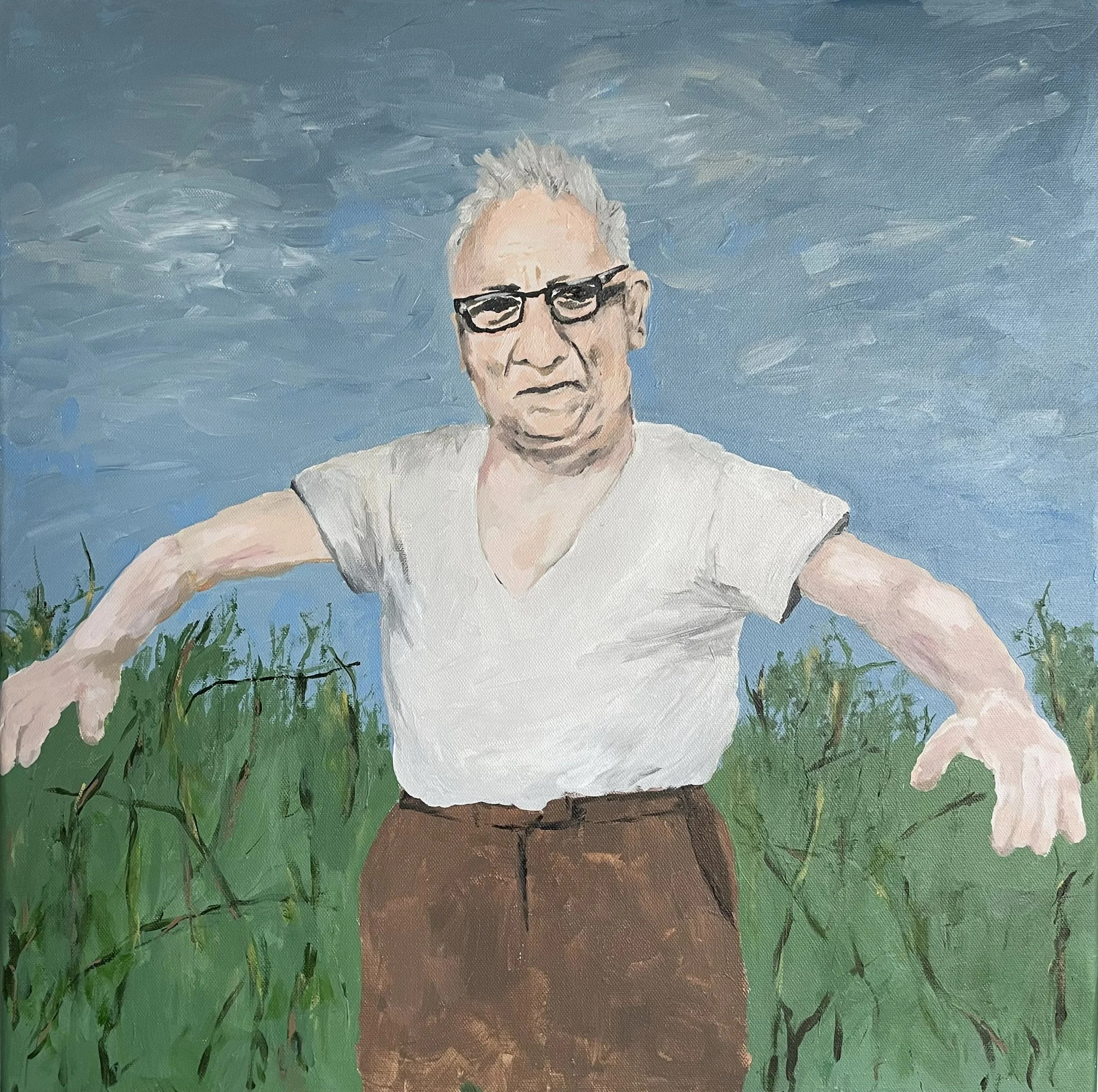 Painting of an elderly man with gray hair and glasses in a white shirt, sitting outdoors with grass and a blue sky in the background, painted by artist, Karen Serago.