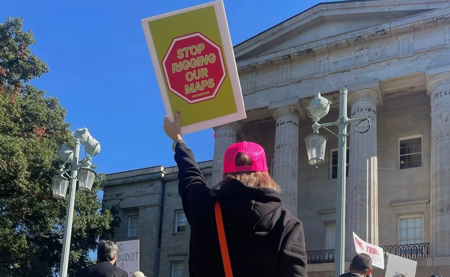 Woman holding a protest sign that says Stop Rigging Our Maps