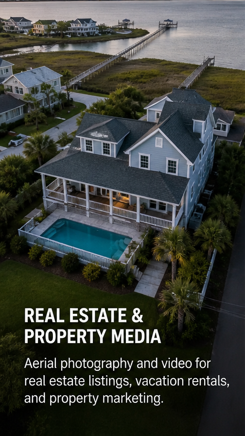 Aerial view of a coastal house with a swimming pool, surrounded by palm trees, with neighboring houses and a pier extending into the water.