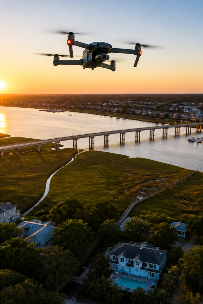 A drone flying over a residential area near a body of water at sunset, with houses, trees, and a bridge visible.