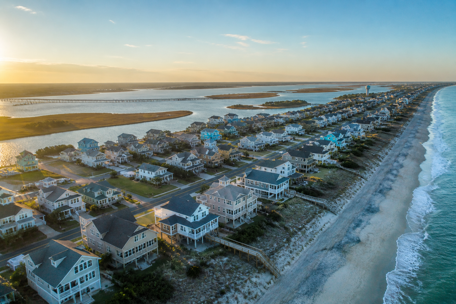 Aerial view of a coastal neighborhood with houses along a sandy beach, ocean waves, and a waterway with a bridge at sunset.